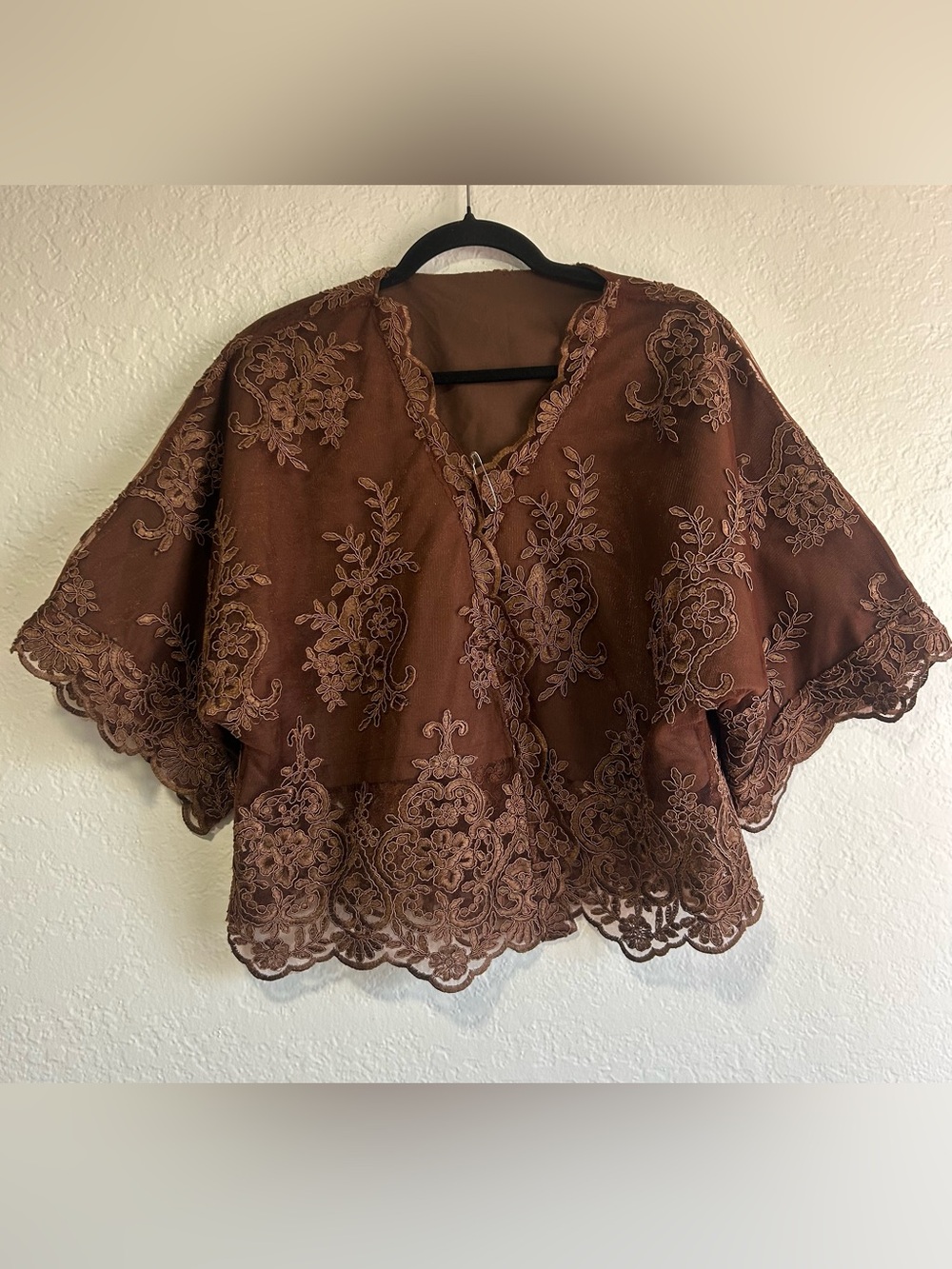 Lace-Embroidered Brown Women's Overlay Top